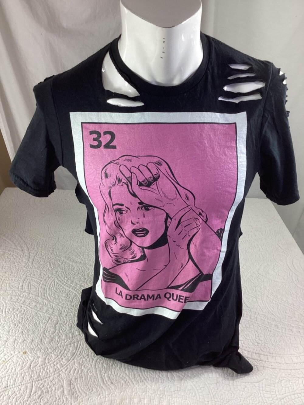 La Drama Queen Graphic Tee With Distressed Design & Pink Comic Print*Gay*EUC